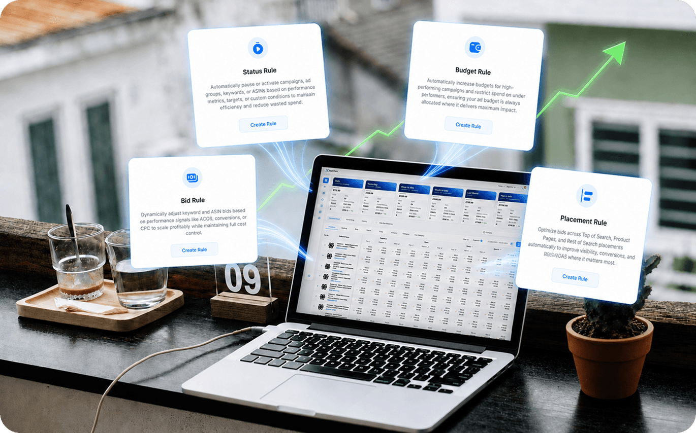 Laptop showing Xquantum campaign rules: Status Rule, Budget Rule, Bid Rule, Placement Rule