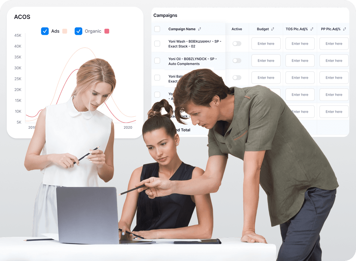 Team reviewing Amazon PPC campaign performance with ACOS and campaign data overlays